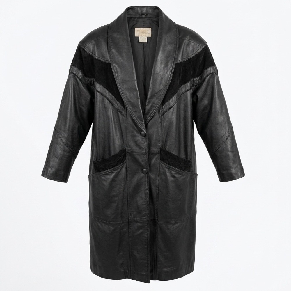 VTG Venezia 2X Black Leather Suede Trench Coat Western Matrix Goth 90s Mob Wife
